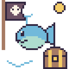 Pixel art Baleine en aventure pirate, grille 40 × 40