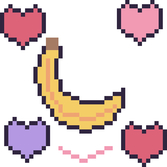 Modèle de pixel art Banane avec des cœurs sur une grille de 40 par 40 cases