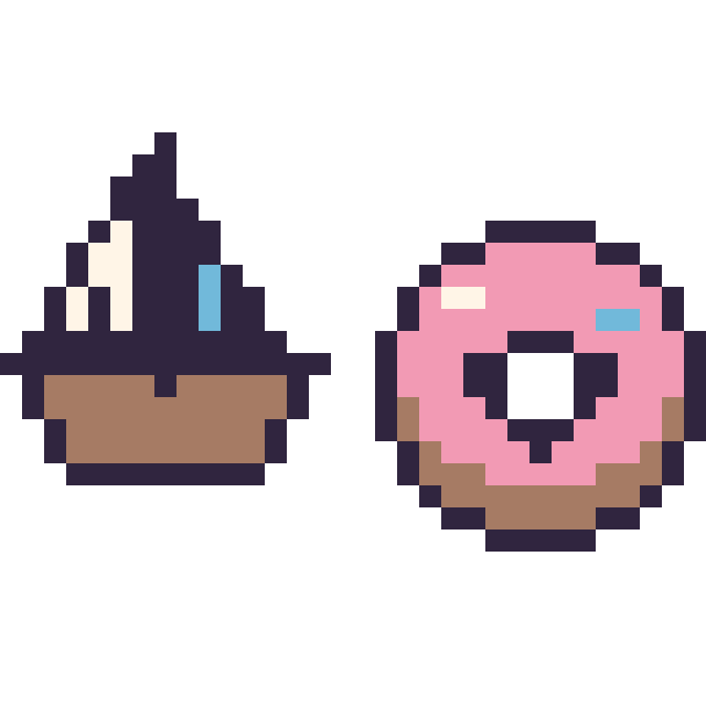 Modèle de pixel art Bateau kawaii 16 × 16 et Donut kawaii 16 × 16 sur une grille de 32 par 32 cases