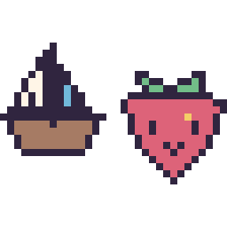 Pixel art Bateau kawaii 16 × 16 et Fraise kawaii 16 × 16, grille 32 × 32