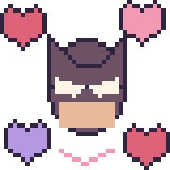 Pixel art Batman avec des cœurs, grille 40 × 40
