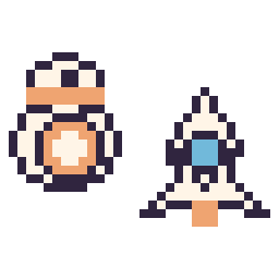 Pixel art BB-8 mini et Fusée kawaii 16 × 16, grille 32 × 32