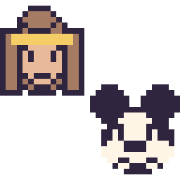 Pixel art Belle mini et Mickey mini, grille 32 × 32