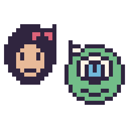 Pixel art Blanche-Neige mini et Bob Razowski mini, grille 32 × 32