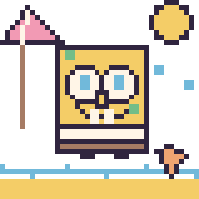 Modèle de pixel art Bob l'Éponge à la plage sur une grille de 40 par 40 cases