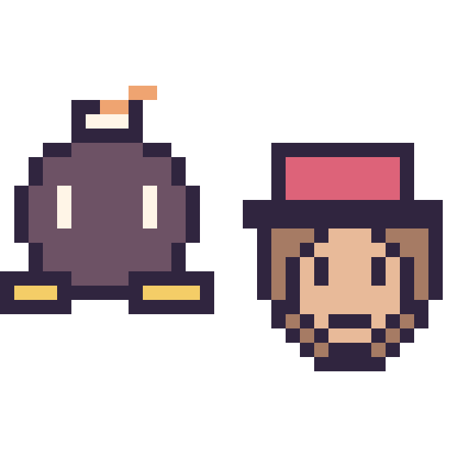 Modèle de pixel art Bob-omb mini et Diddy Kong mini sur une grille de 32 par 32 cases