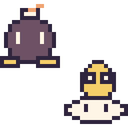 Pixel art Bob-omb mini et Lakitu mini, grille 32 × 32