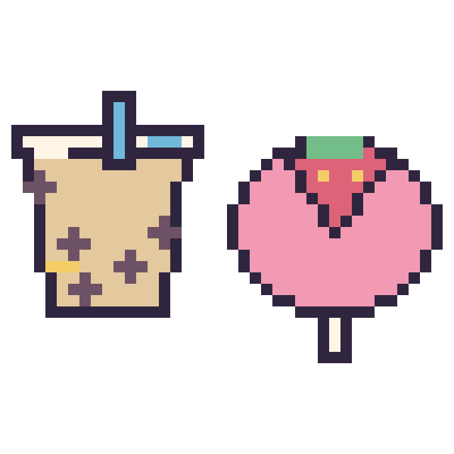Modèle de pixel art Boba décoré et Sucette avec une fraise sur une grille de 40 par 40 cases