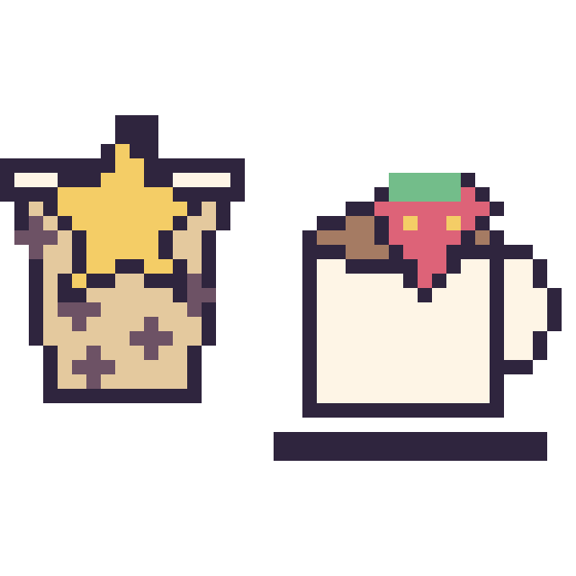 Modèle de pixel art Boba avec une étoile et Tasse de thé avec une fraise sur une grille de 40 par 40 cases