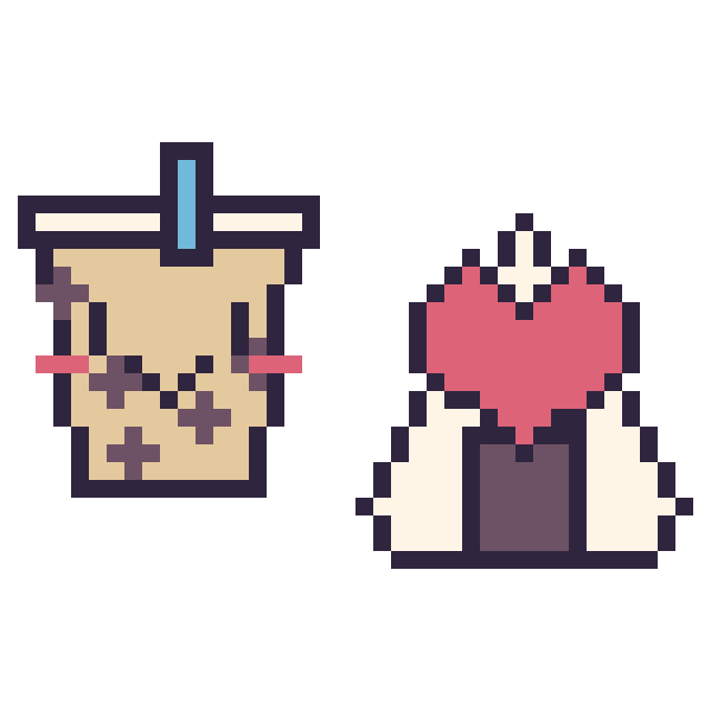 Modèle de pixel art Boba kawaii et Onigiri avec un cœur sur une grille de 40 par 40 cases