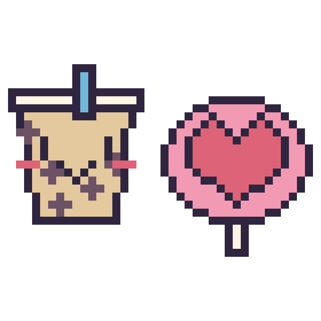 Modèle de pixel art Boba kawaii et Sucette avec un cœur sur une grille de 40 par 40 cases