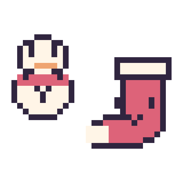 Modèle de pixel art Bonhomme de neige kawaii 16 × 16 et Chaussette de Noël kawaii 16 × 16 sur une grille de 32 par 32 cases