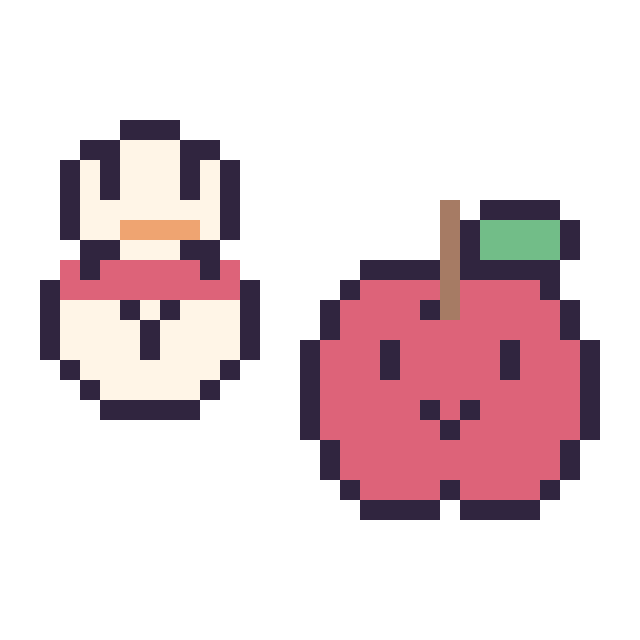 Modèle de pixel art Bonhomme de neige kawaii 16 × 16 et Pomme kawaii 16 × 16 sur une grille de 32 par 32 cases