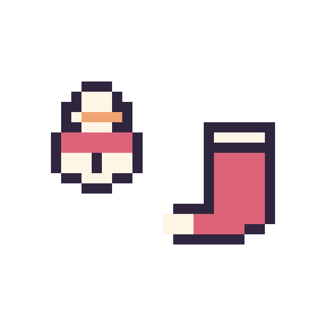 Modèle de pixel art Bonhomme de neige simple 12 × 12 et Chaussette de Noël simple 12 × 12 sur une grille de 32 par 32 cases