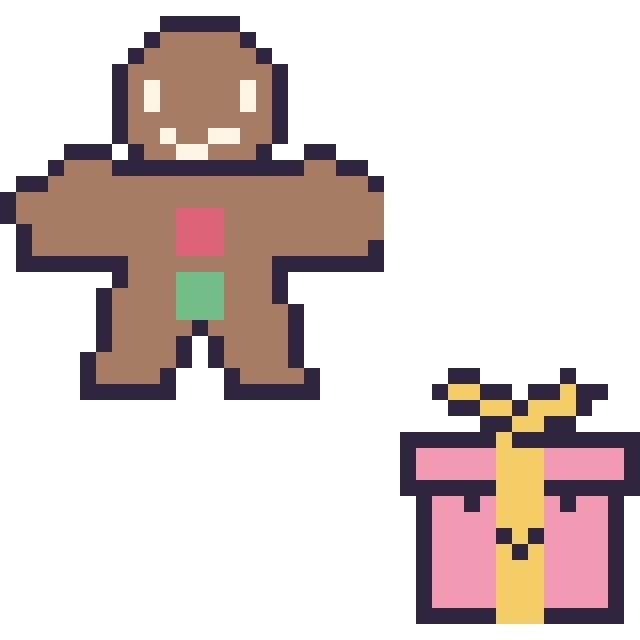 Modèle de pixel art Bonhomme en pain d'épices et Cadeau kawaii 16 × 16 sur une grille de 40 par 40 cases