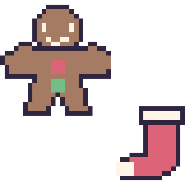 Modèle de pixel art Bonhomme en pain d'épices et Chaussette de Noël simple 16 × 16 sur une grille de 40 par 40 cases