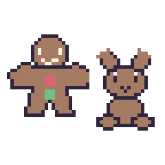 Pixel art Bonhomme en pain d'épices et Renne assis, grille 48 × 48
