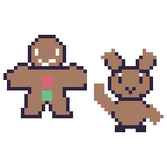 Pixel art Bonhomme en pain d'épices et Renne qui fait coucou, grille 48 × 48