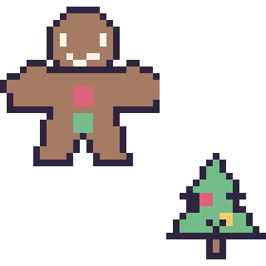 Pixel art Bonhomme en pain d'épices et Sapin de Noël kawaii 16 × 16, grille 40 × 40