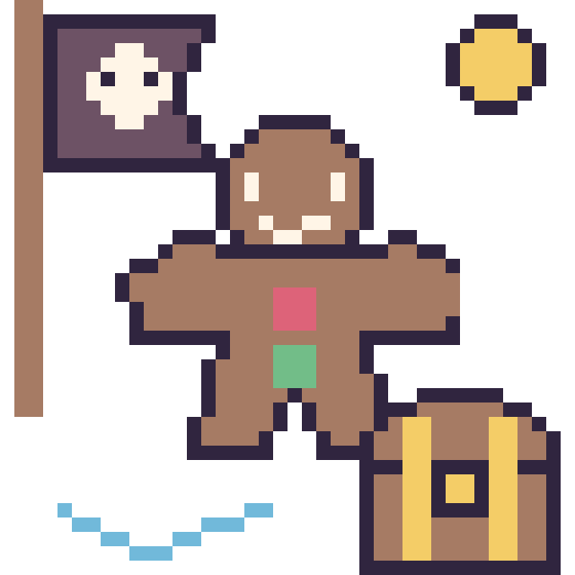 Modèle de pixel art Bonhomme en pain d'épices en aventure pirate sur une grille de 40 par 40 cases