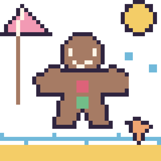Modèle de pixel art Bonhomme en pain d'épices à la plage sur une grille de 40 par 40 cases