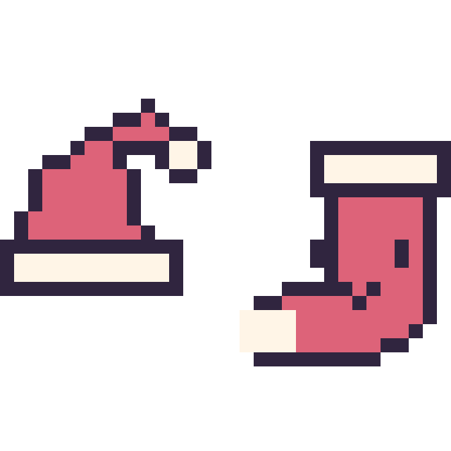 Modèle de pixel art Bonnet de Noël simple 16 × 16 et Chaussette de Noël kawaii 16 × 16 sur une grille de 32 par 32 cases