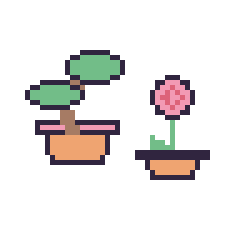 Pixel art Bonsaï et Rose en pot, grille 48 × 48