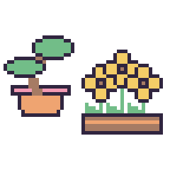 Pixel art Bonsaï et Tournesol en jardinière, grille 48 × 48