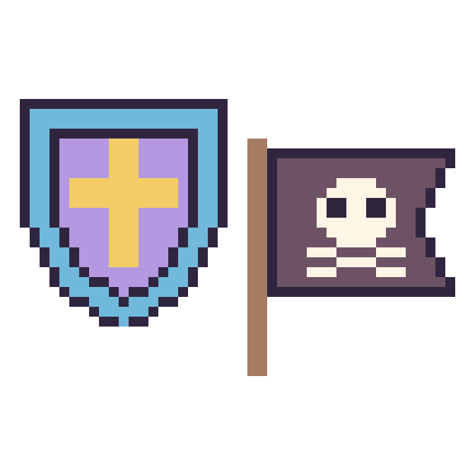 Modèle de pixel art Bouclier et Drapeau pirate sur une grille de 48 par 48 cases