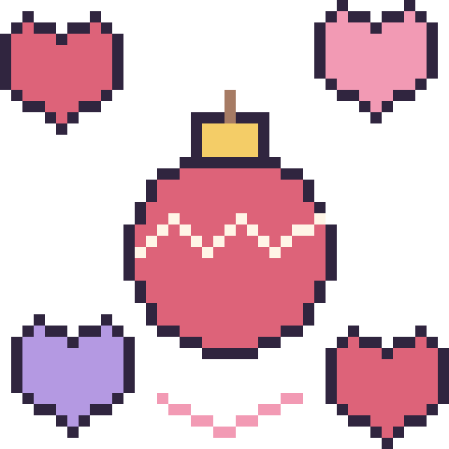 Modèle de pixel art Boule de Noël avec des cœurs sur une grille de 40 par 40 cases