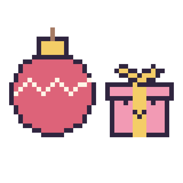 Modèle de pixel art Boule de Noël et Cadeau kawaii 16 × 16 sur une grille de 40 par 40 cases