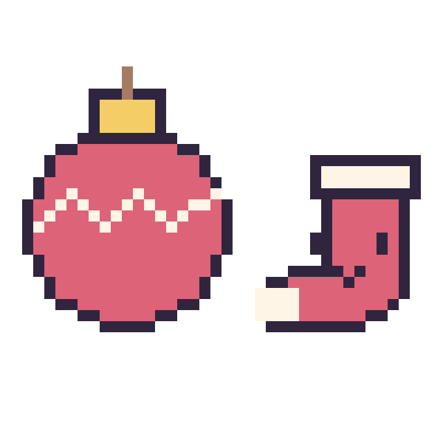 Modèle de pixel art Boule de Noël et Chaussette de Noël kawaii 16 × 16 sur une grille de 40 par 40 cases