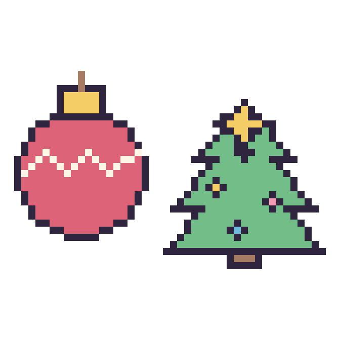 Modèle de pixel art Boule de Noël et Sapin de Noël sur une grille de 48 par 48 cases