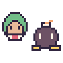 Pixel art Bowser Junior mini et Bob-omb mini, grille 32 × 32