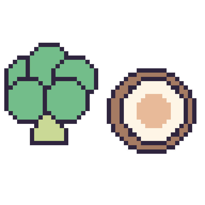 Modèle de pixel art Brocoli et Noix de coco sur une grille de 48 par 48 cases