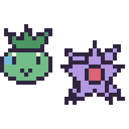 Pixel art Bulbizarre mini et Staross mini, grille 32 × 32