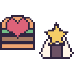 Pixel art Burger avec un cœur et Onigiri avec une étoile, grille 40 × 40