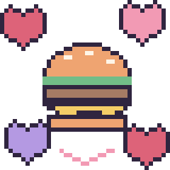 Pixel art Burger avec des cœurs, grille 40 × 40