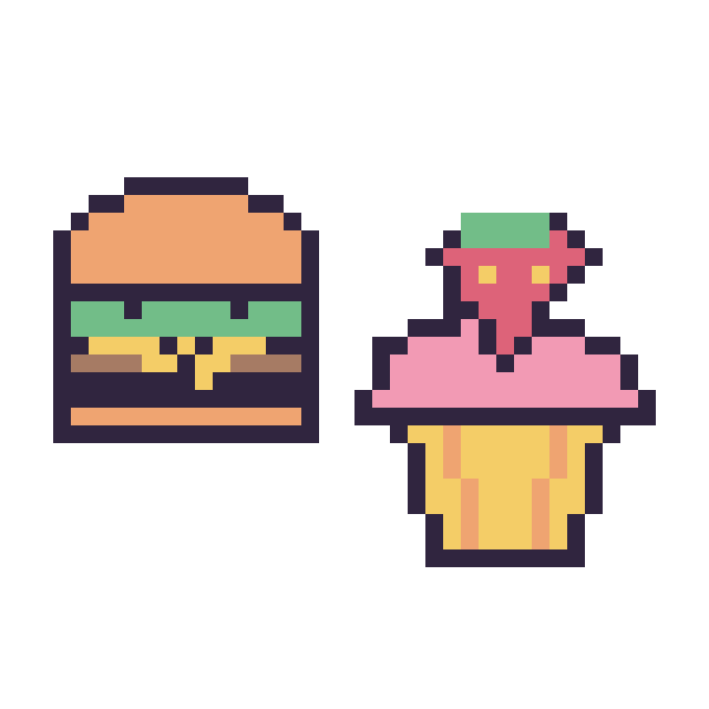 Modèle de pixel art Burger kawaii 16 × 16 et Cupcake avec une fraise sur une grille de 40 par 40 cases