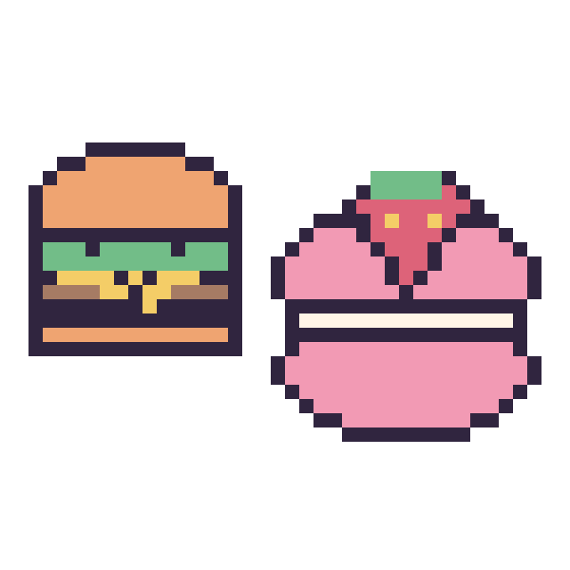 Modèle de pixel art Burger kawaii 16 × 16 et Macaron avec une fraise sur une grille de 40 par 40 cases