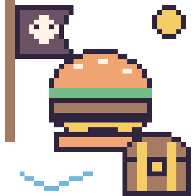 Modèle de pixel art Burger en aventure pirate sur une grille de 40 par 40 cases