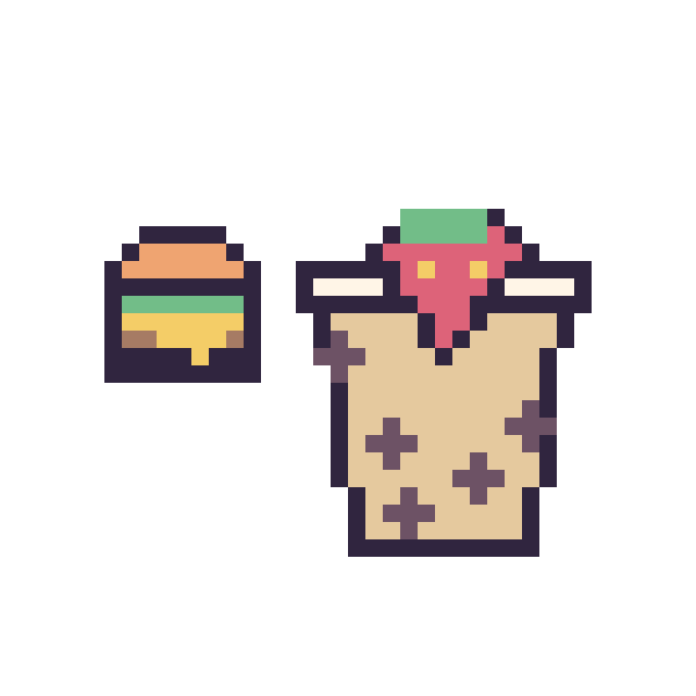 Modèle de pixel art Burger simple 10 × 10 et Boba avec une fraise sur une grille de 40 par 40 cases