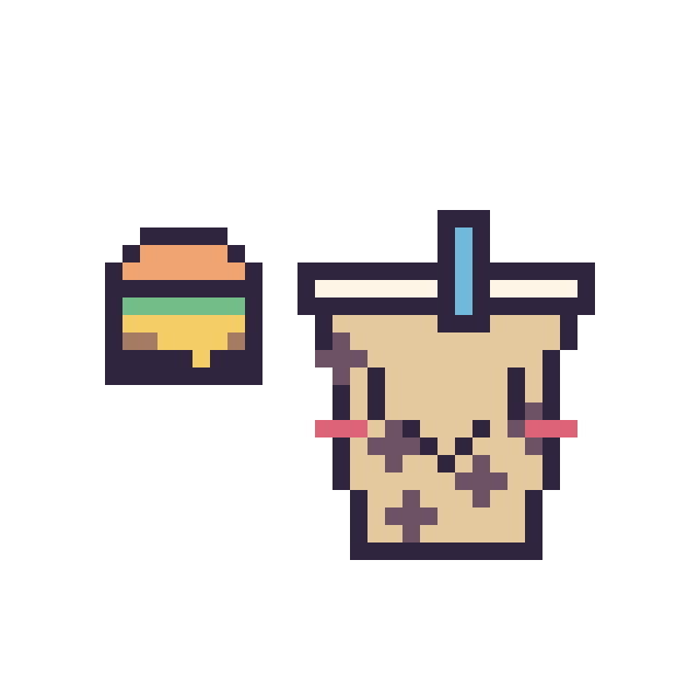 Modèle de pixel art Burger simple 10 × 10 et Boba kawaii sur une grille de 40 par 40 cases
