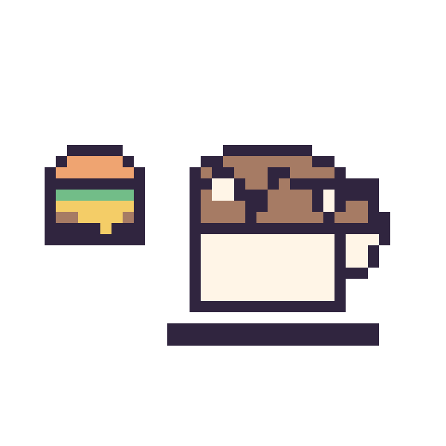 Modèle de pixel art Burger simple 10 × 10 et Tasse de thé au chocolat sur une grille de 40 par 40 cases