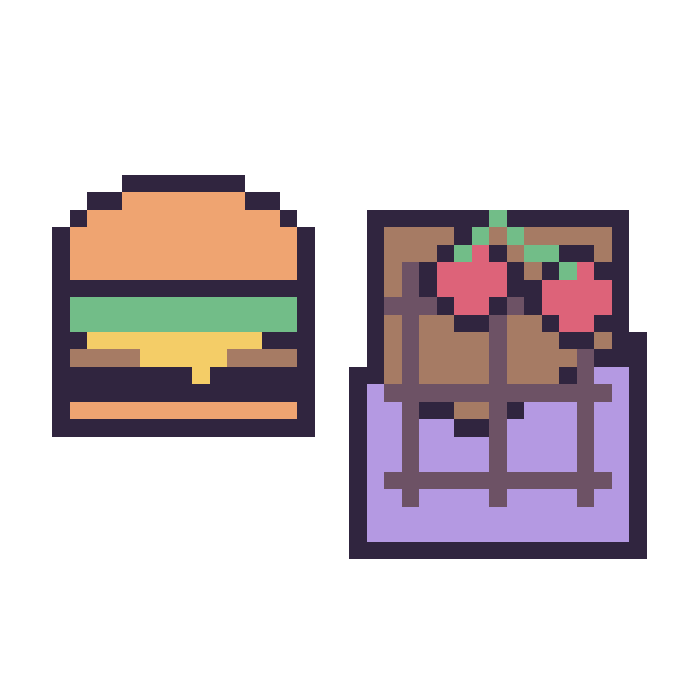 Modèle de pixel art Burger simple 16 × 16 et Chocolat avec des cerises sur une grille de 40 par 40 cases