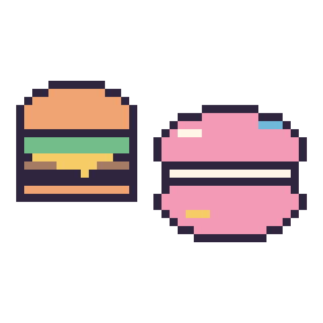 Modèle de pixel art Burger simple 16 × 16 et Macaron décoré sur une grille de 40 par 40 cases