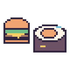 Pixel art Burger simple 16 × 16 et Sushi décoré, grille 40 × 40