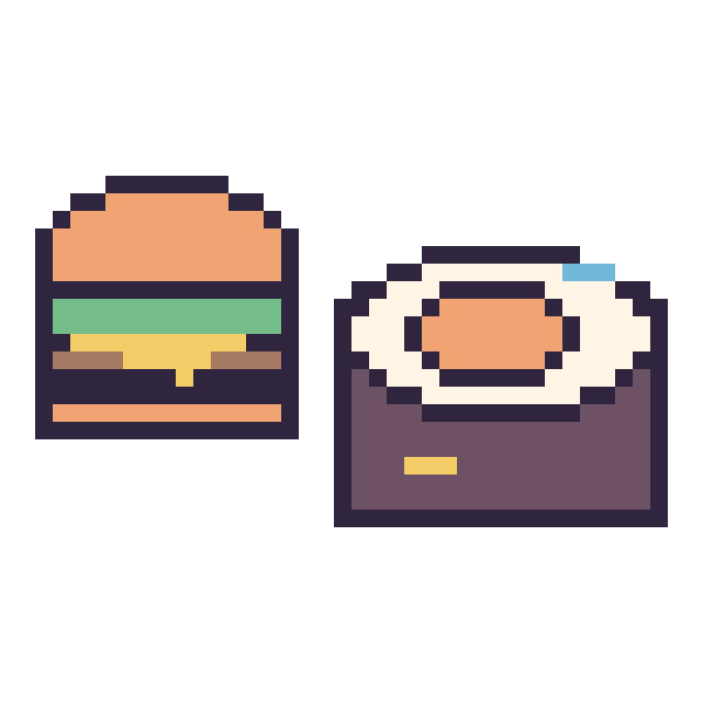 Modèle de pixel art Burger simple 16 × 16 et Sushi décoré sur une grille de 40 par 40 cases