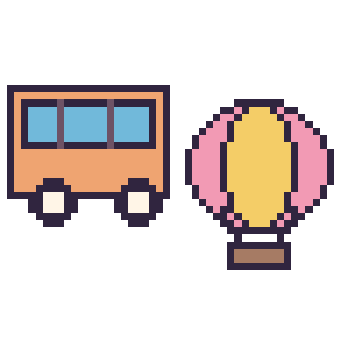 Modèle de pixel art Bus et Montgolfière sur une grille de 48 par 48 cases