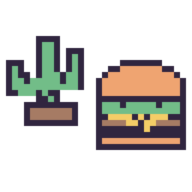 Modèle de pixel art Cactus kawaii 16 × 16 et Burger kawaii 16 × 16 sur une grille de 32 par 32 cases